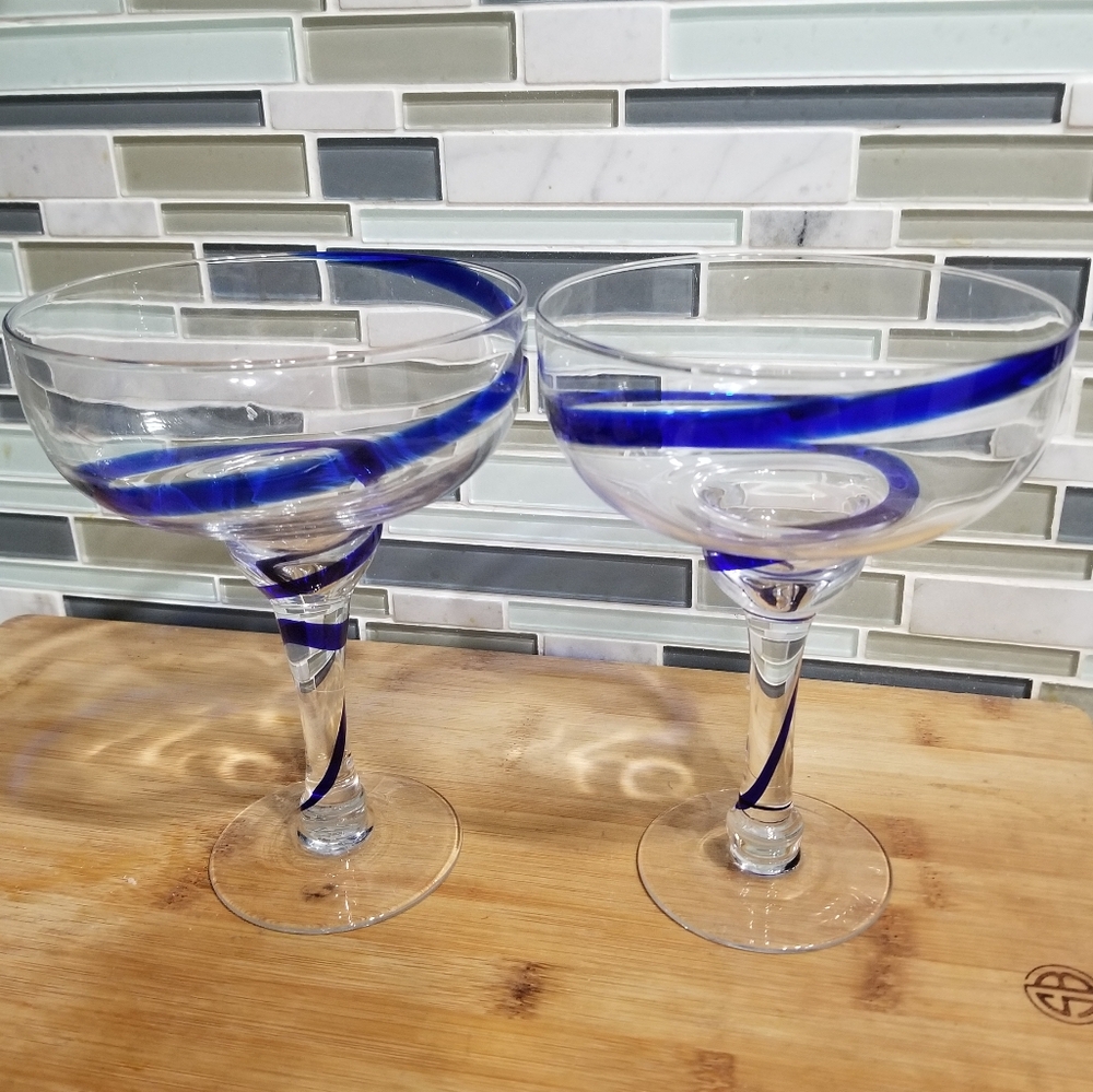 Pier 1 Cobalt Blue Swirl Line Margarita Glasses‎ 16oz Each Set of 2